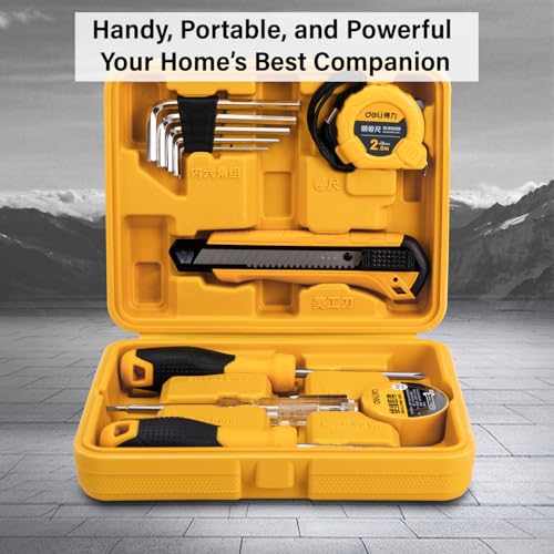 Image of Deli DL1011J 11 Piece Household Tool Kit Portable & Compact with Test Pen Electrical Tape Measure Tape Screwdrivers Utility Knive 5-Hex Keys and Storage Box for DIY Home Repair (Yellow)