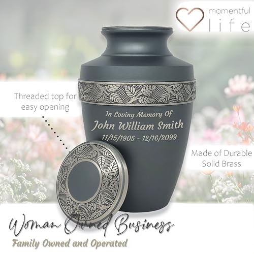 Image of Custom Engraved Revere Rustic Pewter Adult Urn - Momentful Life Metal Adult Cremation Urn - Hand Engraved Accents