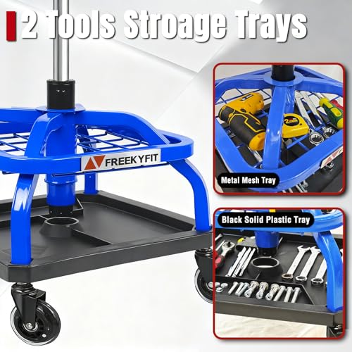 Image of Rolling Shop Stool with Wheels, Garage Work Mechanic Stool with Backrest, Roller Mechanic Chair, Adjustable Height, 360 Swivel, Tool Tray Storage, 330 LBS Capacity, Heavy Duty, Blue