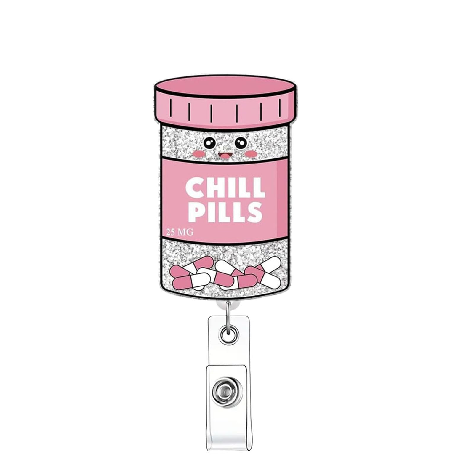 Chill Pill Retractable Glitter Badge Reel with Clip, Funny Cartoon Pill ID Card Badge Holder Gift for Nurses Doctors Pharmacy Worker Nursing Student