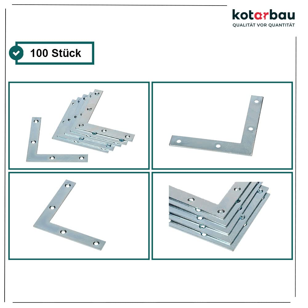 KOTARBAU® 100 x Placas de Esquina, Placas Planas en Forma de L, 75x75 Conector Angular, Conector de Esquina, Placa Perforada, Placas de reparación 90º, Conectores Planos, Pletinas, Soportes de Acero