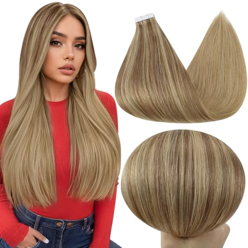 Image of Full Shine Human Hair Tape in Extensions, 14 Inch Brown to Butter Blonde | 50g 20 PCS, Tape in Hair Extensions, Remy Human Hair, Warm Blonde Blend, Soft Layers, Natural Dimension, Easy Styling