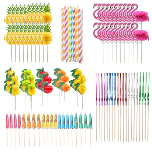 120 peças decoração de cocktails, guarda-chuva de cocktail, palhinhas de papel, palitos de fogo de artifício, palitos flamingos, para festas de verão, bar de decoração bebidas artigos festas