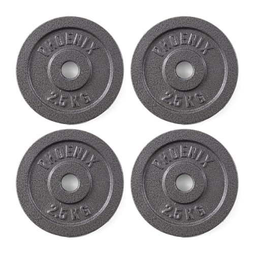 Phoenix Fitness Cast Iron Weight Plates - 1-Inch Free Weight Plate for Barbell Dumbbell Bars, Weightlifting & Strength Training at Home Gym - Singles, Pairs or Set of 4: 1.25kg, 2.5kg, 5kg, 10kg, 20kg