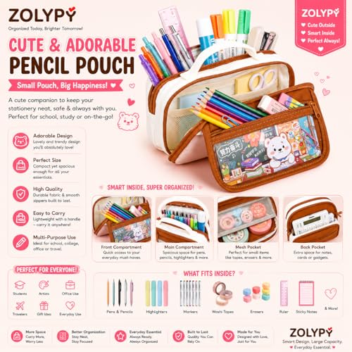 Image of Kawaii Cute Aesthetic Pencil Case for Girls & Boys | 3 Layer 6 Compartment Large Capacity Pencil Pouch with Zipper | Cartoon Stationery Organizer Bag for Students & Kids (Beige Brown)