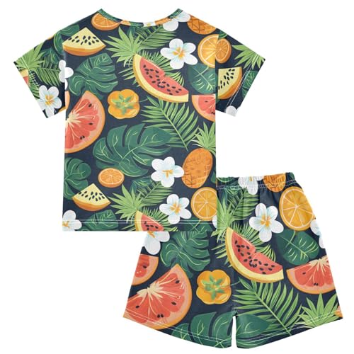 ALAZA Tropical Watermelon Flower Palm Leaves Pajamas Short Sleeve 2 Piece Sleepwear Top and Bottom Pajama Set Unisex2