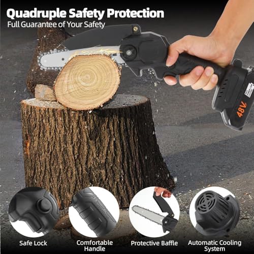 Image of Cordless Wood Cutting Machine for Home Cordless 6 Inch Battery Powered Electric Chainsaw with 2 Battery and Chain Portable Handheld One Hand Pruning ChainSaw (Double Battery)