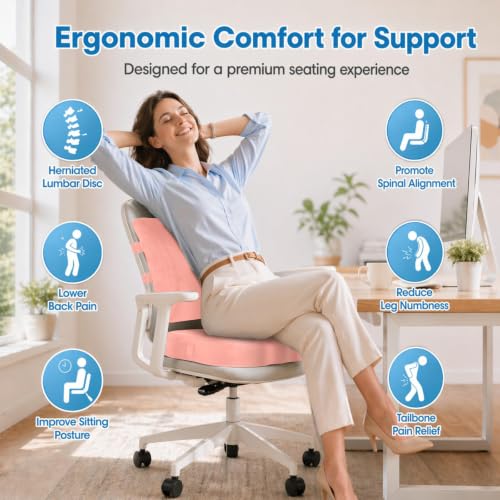 Image of CloudBliss Lumbar Support Pillow & Seat Cushion Set for Office Chair, Desk Chair, Wheelchair & Car - Memory Foam Back Support, Ergonomic Chair Cushions, Sciatica Pain Relief, Home Essentials(Pink,XL)