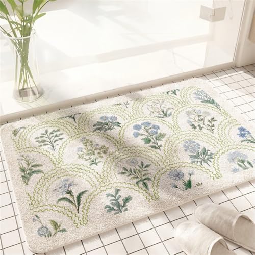 滑り止め花柄バスマット ソフトマイクロファイバーバスルームラグ 速乾性&洗濯機洗い可能 吸水性カーペット バスルーム&寝室装飾用 ブルー 16インチ x 24インチ