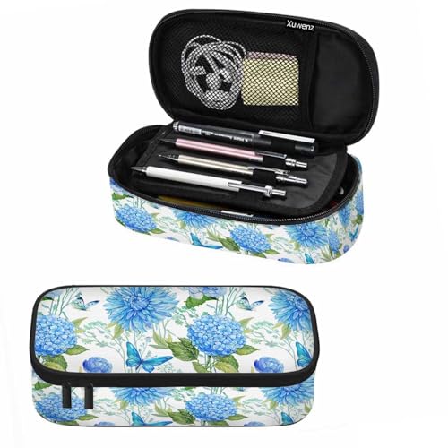 Image of Blue Flower Pencil Holder Bag Hydrangea Butterflies Floral Green Leaves Pencil Case College Office School for Teens Boy Girl
