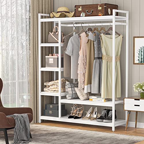 Little Tree Free-Standing Closet Organizer, Heavy Duty Clothes Closet, Portable Garment Rack With 6-Tier Shelves And Hanging Rod, Black Metal Frame & White Board (White&White) #TOP1