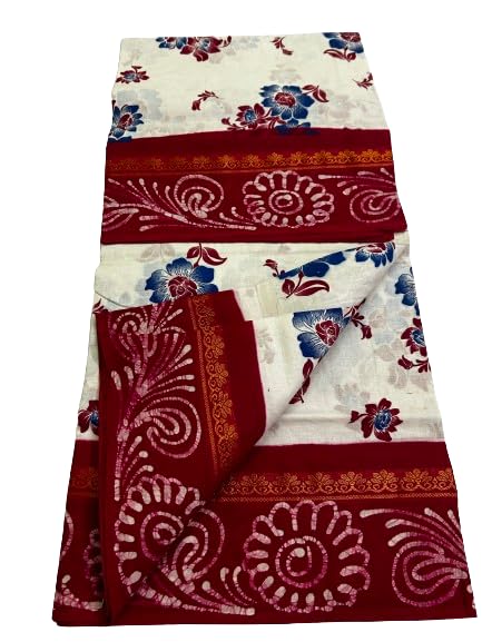 GenericWhite Pink Wax Print Summer Cool Pure Cotton Zari Border Saree Amri Fashion Women's Pure Cotton Saree (Sar)| With Out Blouse | 5.90 Mts