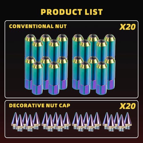 Image of M12 x 1.5 Spike Lug Nuts 20 PCS, Vacuum Coating Wheel Lug Nut with Pointed Cap, Weather Resistant Lug Nut Set for Ford, Toyota, Honda, Chevrolet, Nissan, Mazda and More, Neo