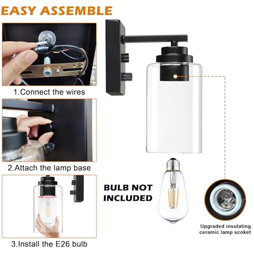 Image of Pia Ricco Wall Sconces Set of Two, Bedside Wall Lamps with Rotary Switch for Bedroom, Modern Bathroom Light Fixtures with Clear Glass Shade, Black Sconces Wall Lights for Living Room, Hallway, Kitchen