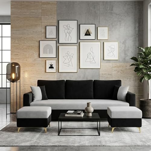 Image of Classiq Rich 5 Seater L Shape Sofa Set with 2 Movable Ottomans | Flexible Layout | Rich Velvet Suede Fabric | Silver Legs | Dual Tone Modern Sofa for Living Room (Black-Light Grey)