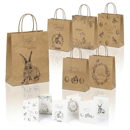 Nordstern Ostern Geschenktüten 6er Set - Papiertüten mit Henkel als Geschenkverpackung - Ostertüten zum Befüllen inkl. 6x Klappkarten Grußkarten