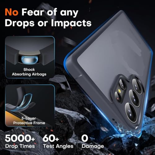 Image of Frosty Case for Samsung Galaxy S25 Ultra 5G | Shockproof Armor, Anti-Scratch Hard PC Back, Soft TPU Bumper, Camera Lens Protection, Wireless Charging Compatible | Translucent Matte Back Black