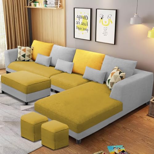 Image of Galib RHS 8 Seater L Shape Sofa Set for Living Room (Yellow Grey Fabric) Premium Fabric Sofa