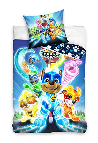 BrandMac ApS Parure de lit Paw Patrol Mighty Pups pour enfant - 135 x 200 cm et 80 x 80 cm - Coton Chase Skye