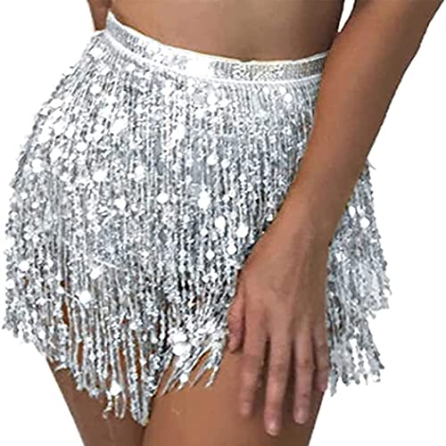 Flovel Rock mit Pailletten, Quaste, Bauchtanz, Hüfttuch, Rave-Kostüm, Fransenrock, Karneval-Rave-Outfit für Frauen und Mädchen