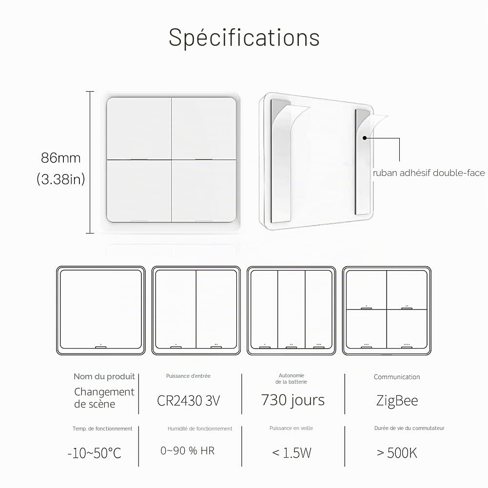 MOES 4 Gang ZigBee Wireless 12 Scene Button Switch Smart Home Automation Scene Switch, utilisé pour les appareils intelligents Tuya, Besoin de Tuya ZigBee HUB, batterie gratuite, blanc