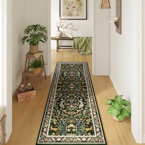 Runner Rug Washable Kitchen 2'x10' Rug Floral Non-Slip for Entryway Indoor Soft Carpet Runner for Hallways, Kitchen, Laundry, Bedroom, Bathroom (Emerald Green)