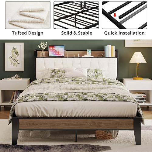 LIKIMIO Full Bed Frames, Storage Headboard with Charging Station, Solid and Stable, Noise Free, No Box Spring Needed, Easy Assembly, Wood and Cream