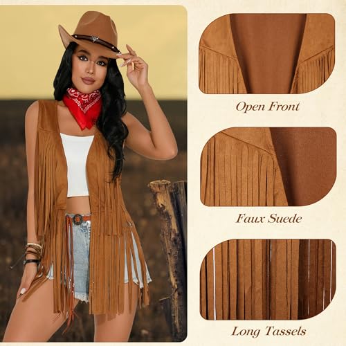 GERVAISE Womens Western Cowgirl Costume 70s Hippie Tassels Fringe Vest outfit Hat 5pcs2