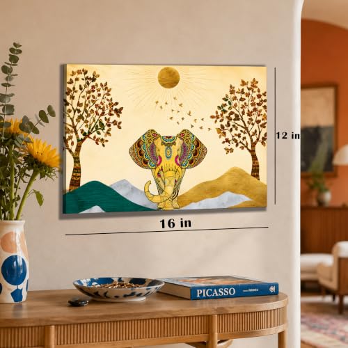 Image of PAINTINGMANTRA istic Elephant Theme Multicolored 1 Stretched Canvas Painting, 12x16 Inch