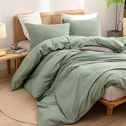BESTOUCH Duvet Cover Set 100% Washed Cotton Linen Feel Super Soft Comfortable Chic Lightweight 3 PCs Home Bedding Set Solid Green Super King - Image 5