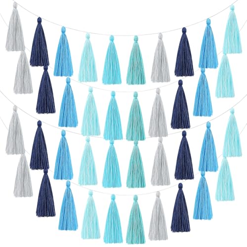 Image of WILLBOND 4 Pcs Rainbow Tassel Garland Party Decorations, Colorful Boho Wall Hanging Banner for Classroom Decor, Back to School Birthday Wedding Baby Shower Nursery Home(Blue Gray,6.3 Inch)