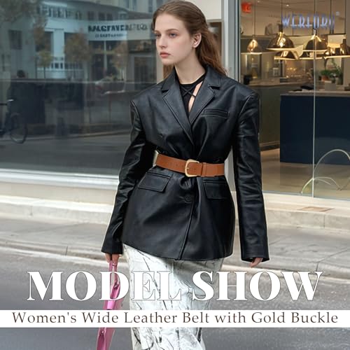 WERFORU Women's Leather Wide Belt for Dresses and Jeans With Gold Buckle, Brown, Fit Waist Size 26"-32"3