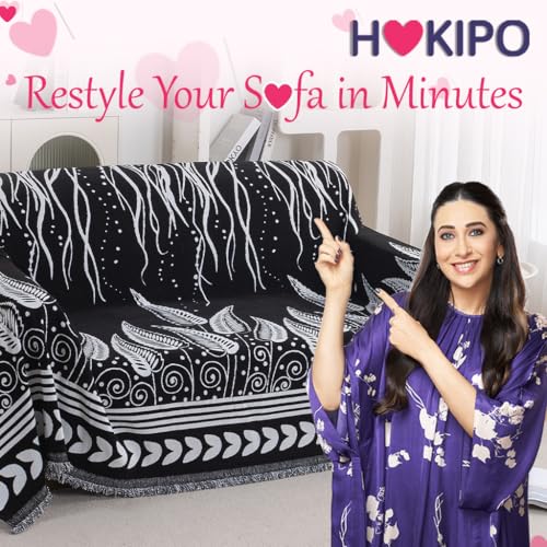 Image of HOKIPO 320 GSM Chenille Sofa Throw Blanket for 2 Seater Sofa - Printed All-Season Sofa Cover, 'Serene Abode Series' Black Fern Tribal (180x250 cm) (AR-6632-D4)