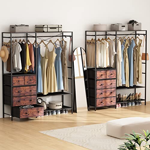 Auromie Clothes Rack With 5 Drawers & 4 Storage Shelves, 59.1W*70.9H Heavy Duty Clothing Rack With 2 Hanging Rods, Wardrobe Closet Organizer System With 5 Hooks, Freestanding Garment Rack, Rustic #TOP7