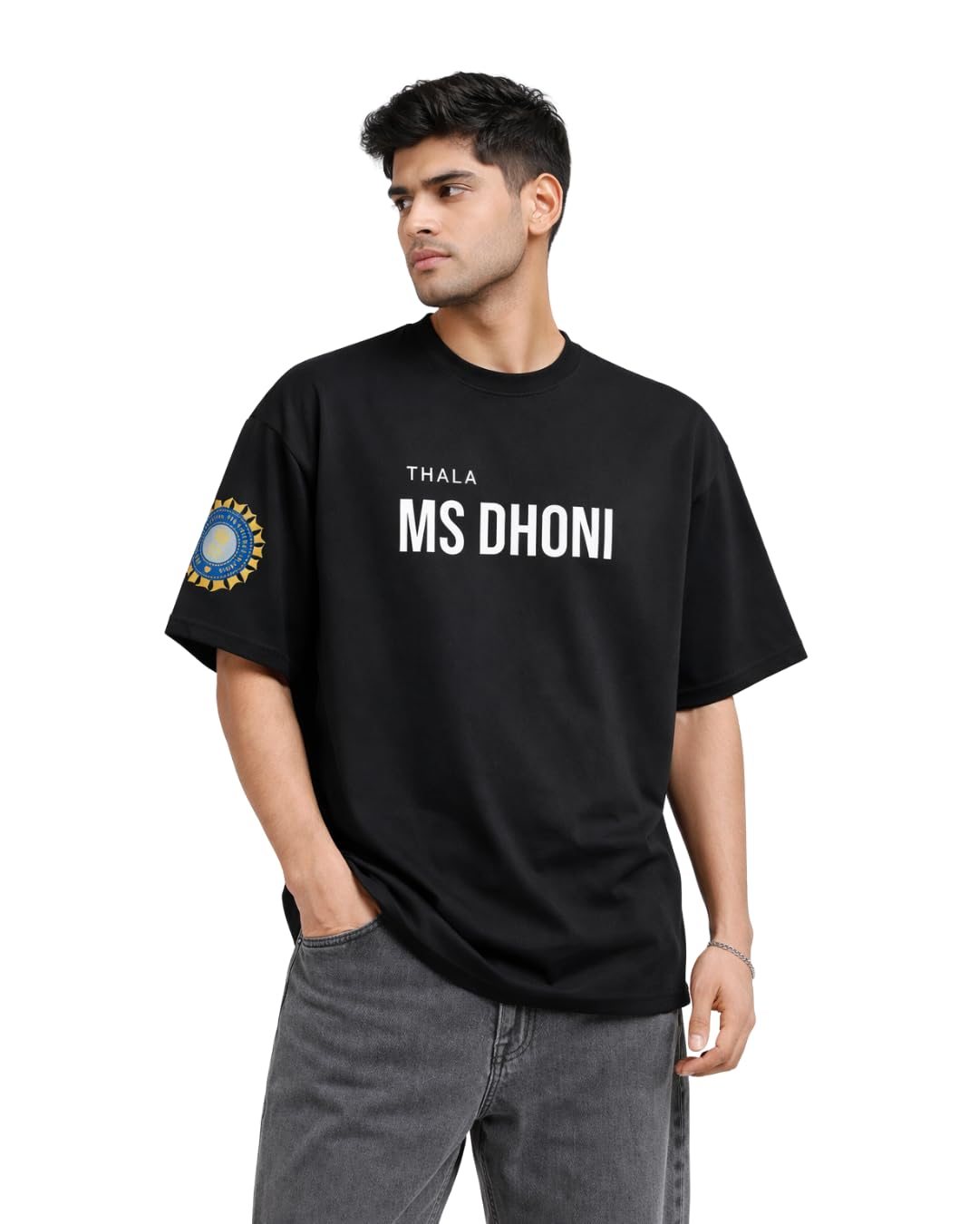 Thala MS Dhoni Oversized T-Shirt for Men | 240 GSM Premium 100% Cotton Graphic Printed Oversized Tee | Cricket Fan Edition | Round Neck Half Sleeve Streetwear | Black-image-13