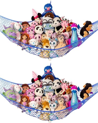Image of Stuffed Animal Hammock XL 2 Pack | Corner Stuffed Animal Storage & Plushie Net | Extra Large Toy Hammock for Stuffed Animals | Easy Hang, Hardware Included | Blue Bedroom Decor | by Lilly's Love