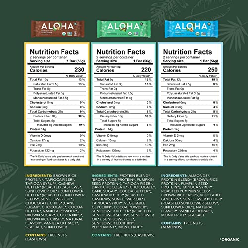 Aloha Organic Plant Based Protein Bars - 6 Flavor Variety Pack - 12 Count, 1.9Oz Bars - Vegan Snacks, Low Sugar, Gluten-Free, Low Carb, Paleo, Non-Gmo, Stevia-Free, No Sugar Alcohol Sweeteners #TOP4