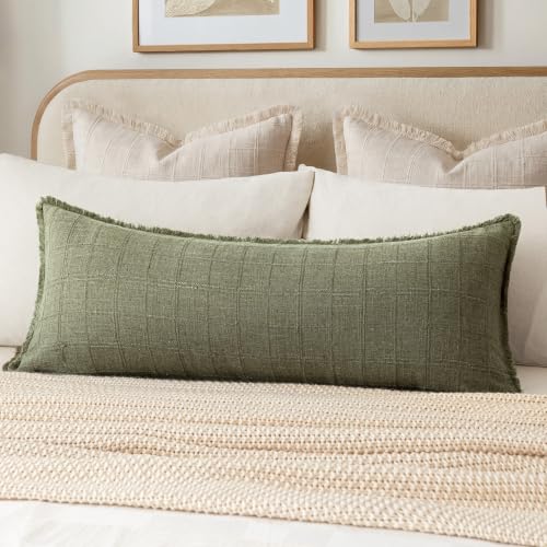 Image of Foindtower Set of 1 Decorative Linen Check Fringe Throw Pillow Cover Cozy Farmhouse Body Cushion Cover Modern Boho Home Decor for Sofa Chair Couch Bedroom Living Room Outdoor,14x36 Inch,Sage Green