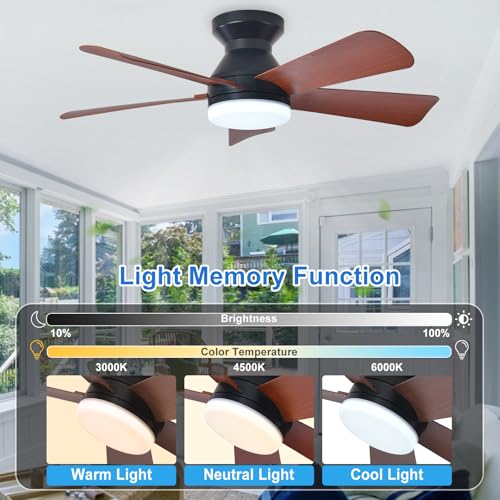 Image of Depuley 35-Inch Ceiling Fan with Light: Walnut 5 Blade Low Profile Small Fans for Kitchen Bedroom - Flush Mount Ceiling Fan for Indoor /Outdoor with Remote Control Reversible Timer - 2 Packs