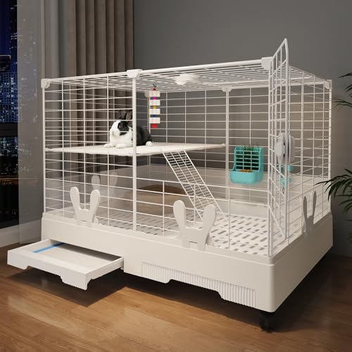 Oneluck Rabbit Cage Indoor,Loft Bunny Hutch with Urine-Proof Wall,Leak-Proof Trays, Wheels 28.7" L x 18.1" W x 25.6" H for Rabbits Chinchillas, Guinea Pig and Small Animal