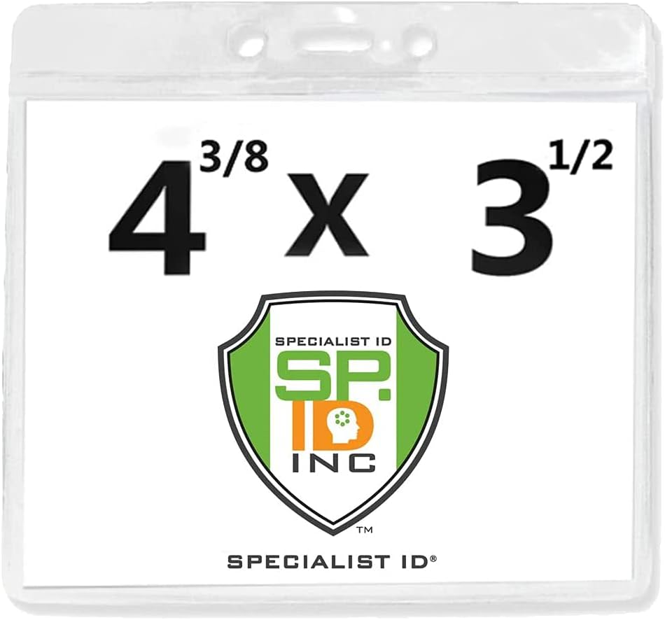 Bulk 100 Pack - Clear Name Badge Holder 4x3 - Heavy Duty Extra Large 4 3/8 x 3 1/2 Plastic Horizontal Name Tag Sleeve for Conference, Trade Show Exhibitor Events by Specialist ID