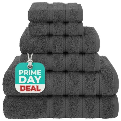 American Soft Linen Luxury 6 Piece Towel Set, 2 Bath Towels 2 Hand Towel 2 Washcloths, 600 GSM 100% Cotton Turkish Towels for Bathroom, Dark Gray Towel Sets