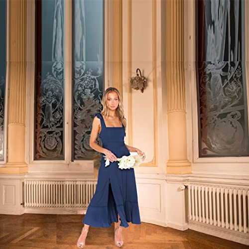 Image of Square Neck Adjustable Strap Midi Dress, Belted A-Line Dress | Lightweight square-neck midi with adjustable straps, belted waist and A-line skirt for work, parties or weekends.