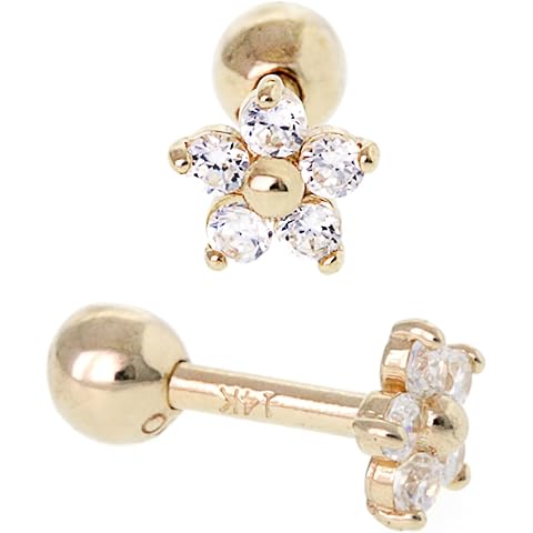 ANYGOLDS 14k Solid Gold Cubic Zirconia Flower Stud Earring - 18gauge Flat Back Internal/External Threaded & Push Pin - Ideal for Multiple Piercing - Perfect for Minimalist Design - Sold as Single