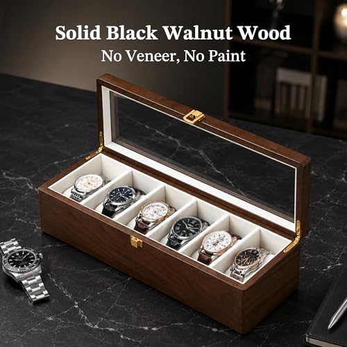 Image of Solid Black Walnut Watch Box, 6 Slot Wooden Watch Organizer with Glass Lid, High-End Watch Display Case Jewelry Storage Box, Gift for Husband, Dad, Birthday, Anniversary, Father's Day, Men and Women