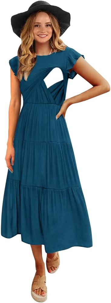 CzzzyL Nursing Casual Dresses for Women Flutter Short Sleeve Maternity  Cotton Summer Beach A Line Sundresses(Blue,Small) at Amazon Women's  Clothing store