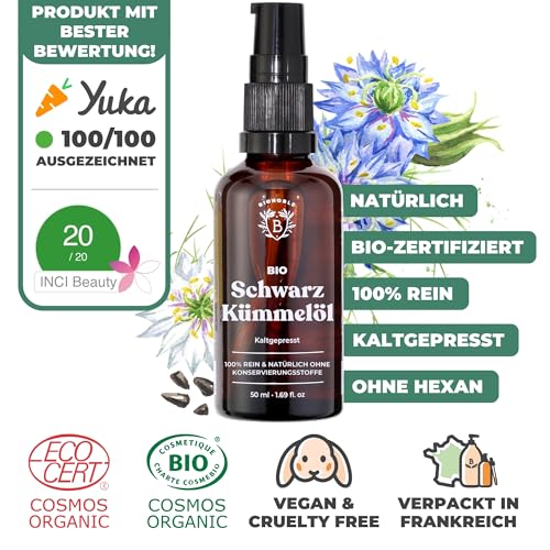 BIONOBLE Schwarzkümmelöl Bio Kaltgepresst - 100% Natürlich, Ohne Hexan - Mildert Unreinheiten - Schwarzkümmelöl Gesicht, Haare, Haut - Vegan Black Seed Oil - Glasflasche, Pipette, Pumpe - 50ml