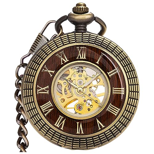 VIGOROSO Men's Hand-Wind Mechanical Pocket Watch Vintage Steampunk Wood Grain Hollow Design with Chain and Box
