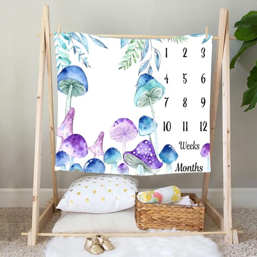 Image of Mushroom Theme Baby Monthly Milestone Blanket, Soft Flannel Watercolor Spring Tropical Eucalyptus Leaves Botanical Photography Prop Newborn Baby Shower Age Growth Tracker (Purple Blue, 60x40in)