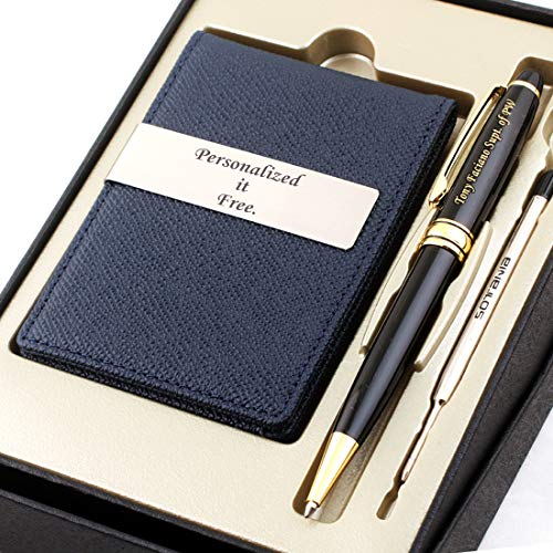 Free Engraving - Personalized Groomsmen Gift, Roller Ballpen, Ballpoint pen, Ball pen, Refillable Pen, Refill pen, Leather Money Clips, Card Holder, Three Lines Each 20 Characters (Navy_Blue)